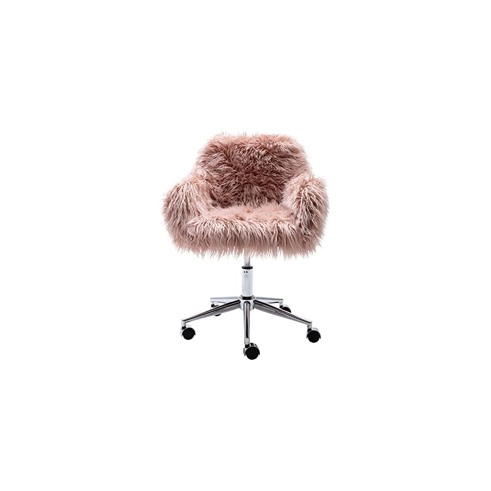 Makeup Vanity Chair Home Office Chair Fluffy Chair with Silver Chrome Castors Modern Faux Fur Arm Chair Accent Chair for Living Room Bedroom Makeup Dressing Vanity Pink