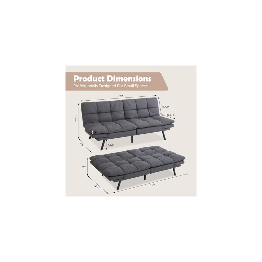 Hcore Convertible Futon Sofa Bed,Gray Fabric Memory Foam Loveseat,Small Euro Lounger Sofa for Compact Living Spaces,Apartment,Dorm,Studio,Guest Room,Home Office/Cushion,Grey Fabric