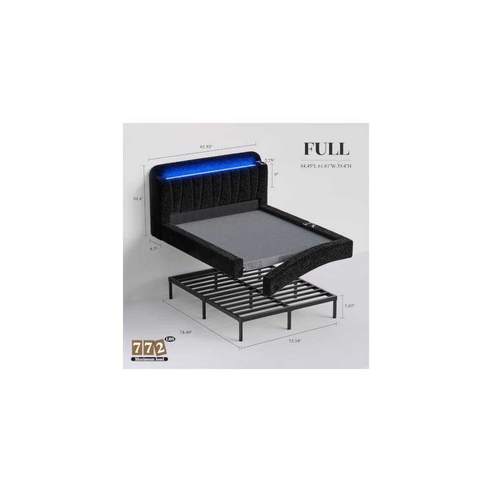 EnHomee Cloud Bed Frame Full with Storage Headboard & LED Lights, Black