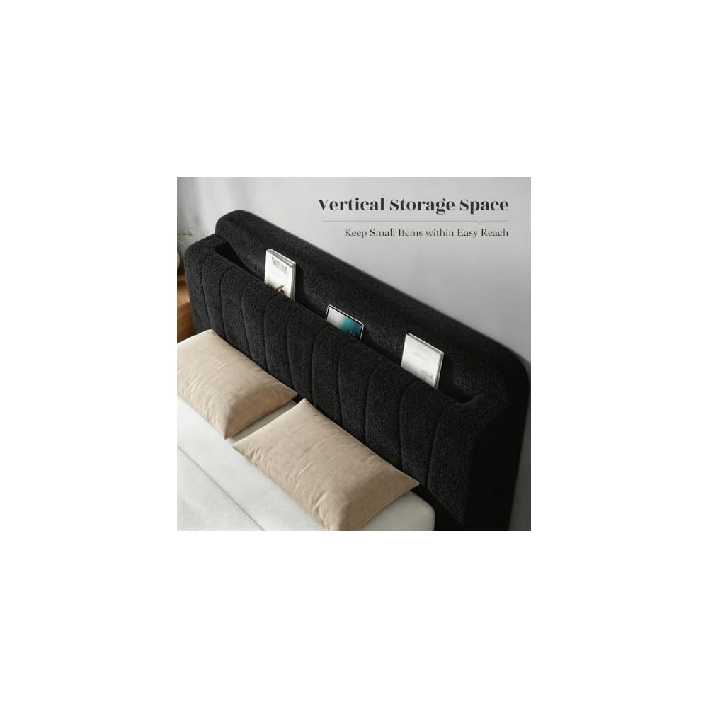 EnHomee Cloud Bed Frame Full with Storage Headboard & LED Lights, Black
