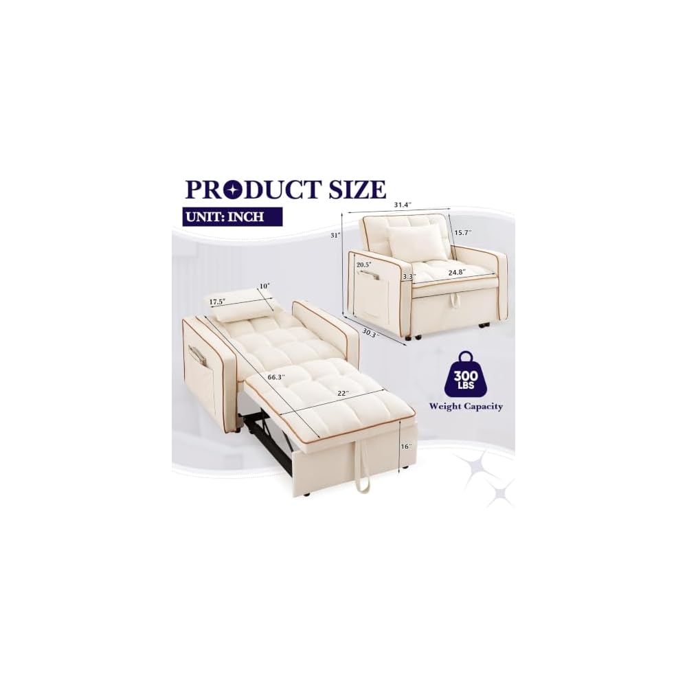 Convertible Sleeper Chair Bed, 3 in 1 Modern Velvet Pull Out Sofa Bed, Small Tufted Single Sleeper Chair with Adjustable Backrest/Pillow for Living Room, Small Spaces, Apartment, Office, Beige