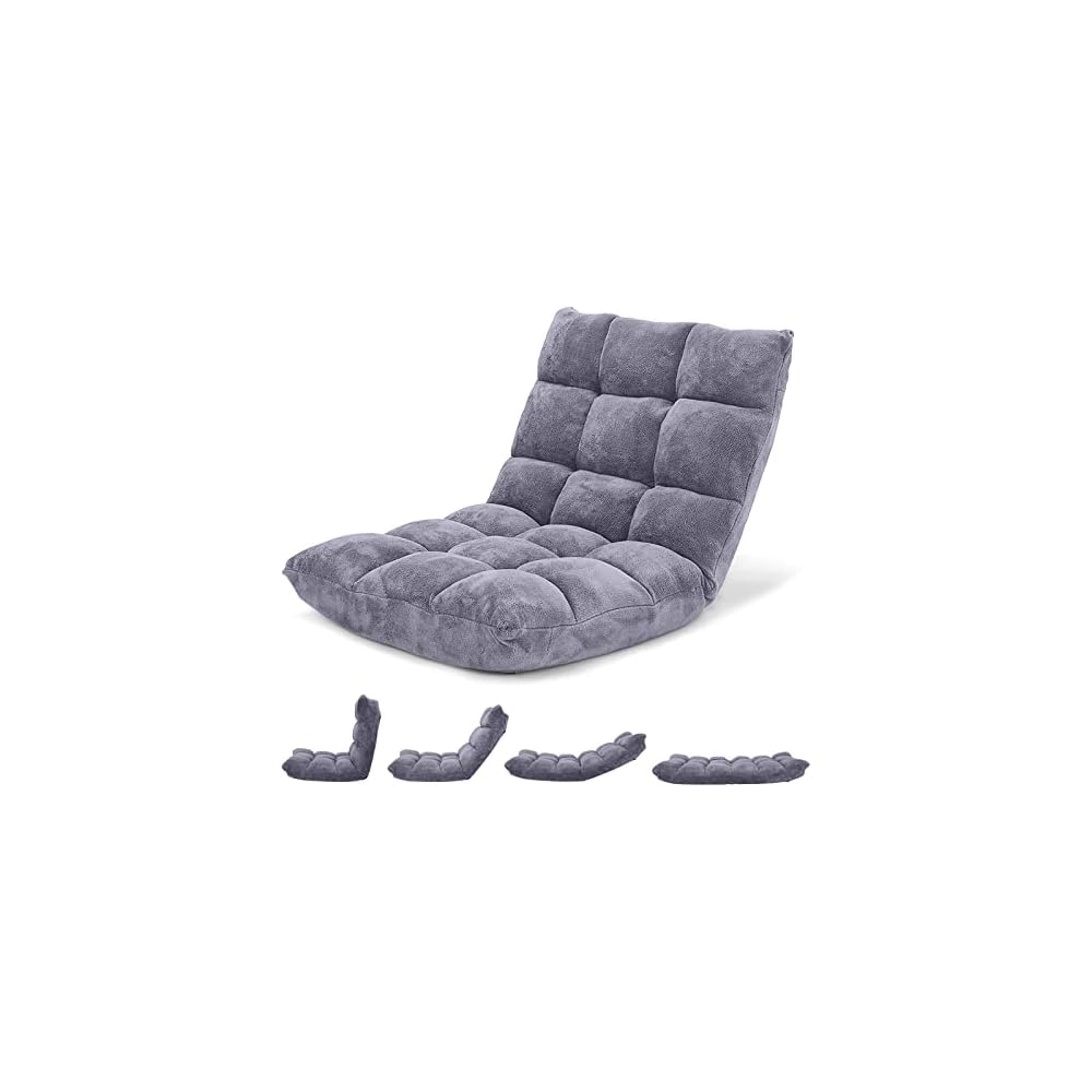 GIANTEX Folding Floor Chair with Back Support, 14 Adjustable Position, Padded Sleeper Bed, Couch Recliner, Gaming Floor Chairs for Adults, Meditation, Living Room (Grey)