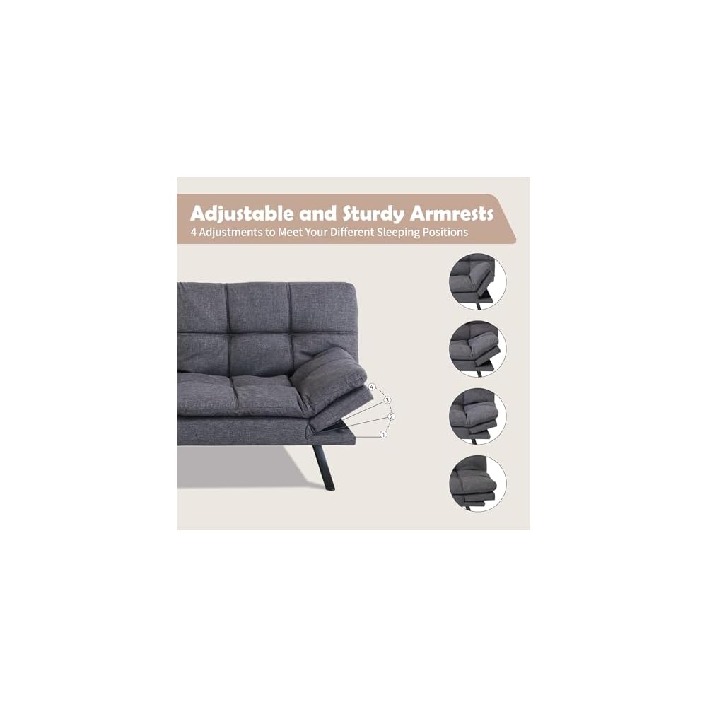 Hcore Convertible Futon Sofa Bed,Gray Fabric Memory Foam Loveseat,Small Euro Lounger Sofa for Compact Living Spaces,Apartment,Dorm,Studio,Guest Room,Home Office/Cushion,Grey Fabric