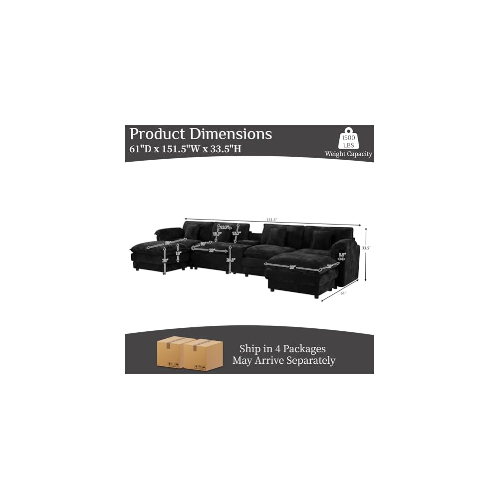 U Shaped Cloud Couch Sectionals,151" Large Comfy Black Sectional Couches for Living Room,Oversized Fluffy Modular Sectional Sofas,Chenille Big 6 Seat Sofa Set USB Port Central Console Ottoman