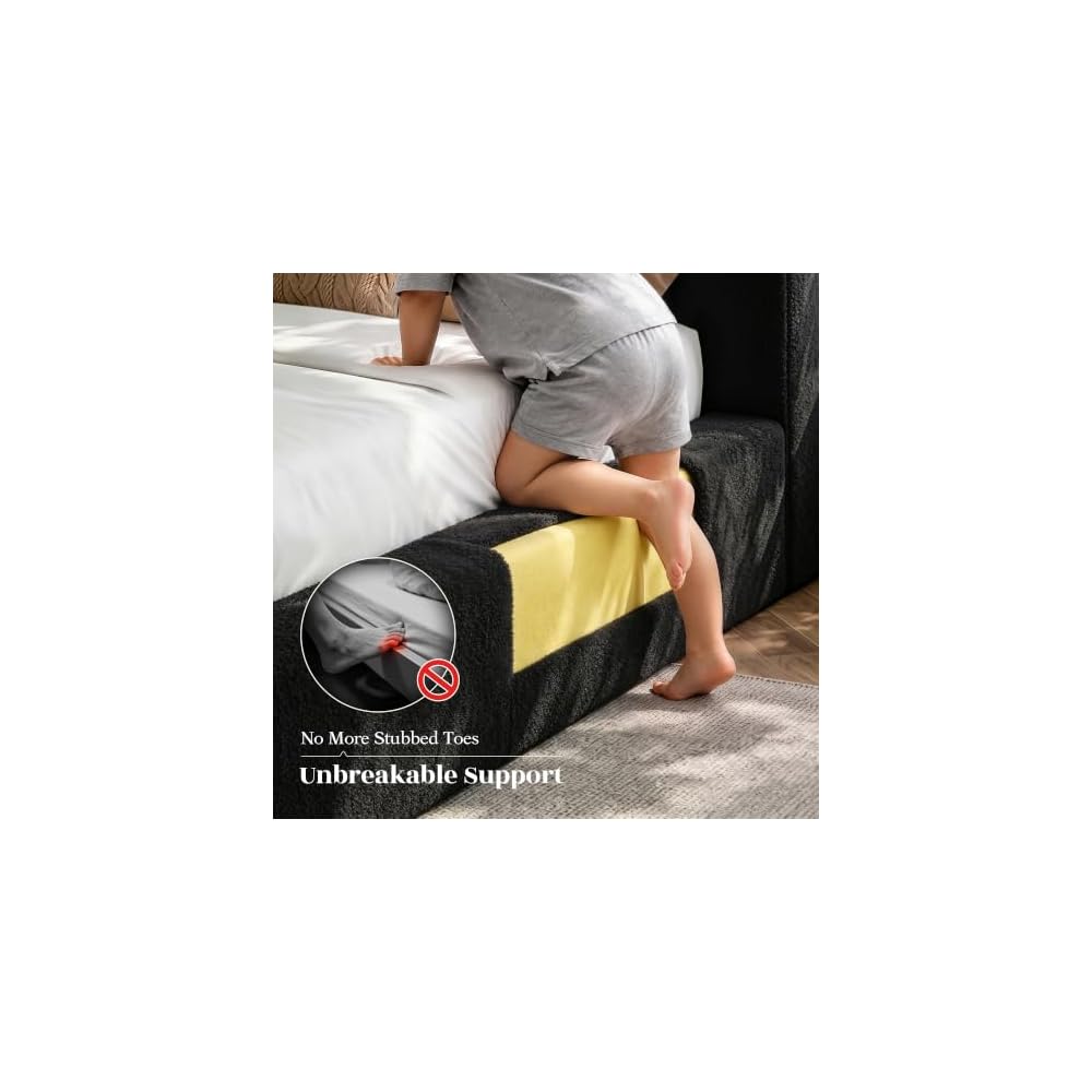EnHomee Cloud Bed Frame Full with Storage Headboard & LED Lights, Black