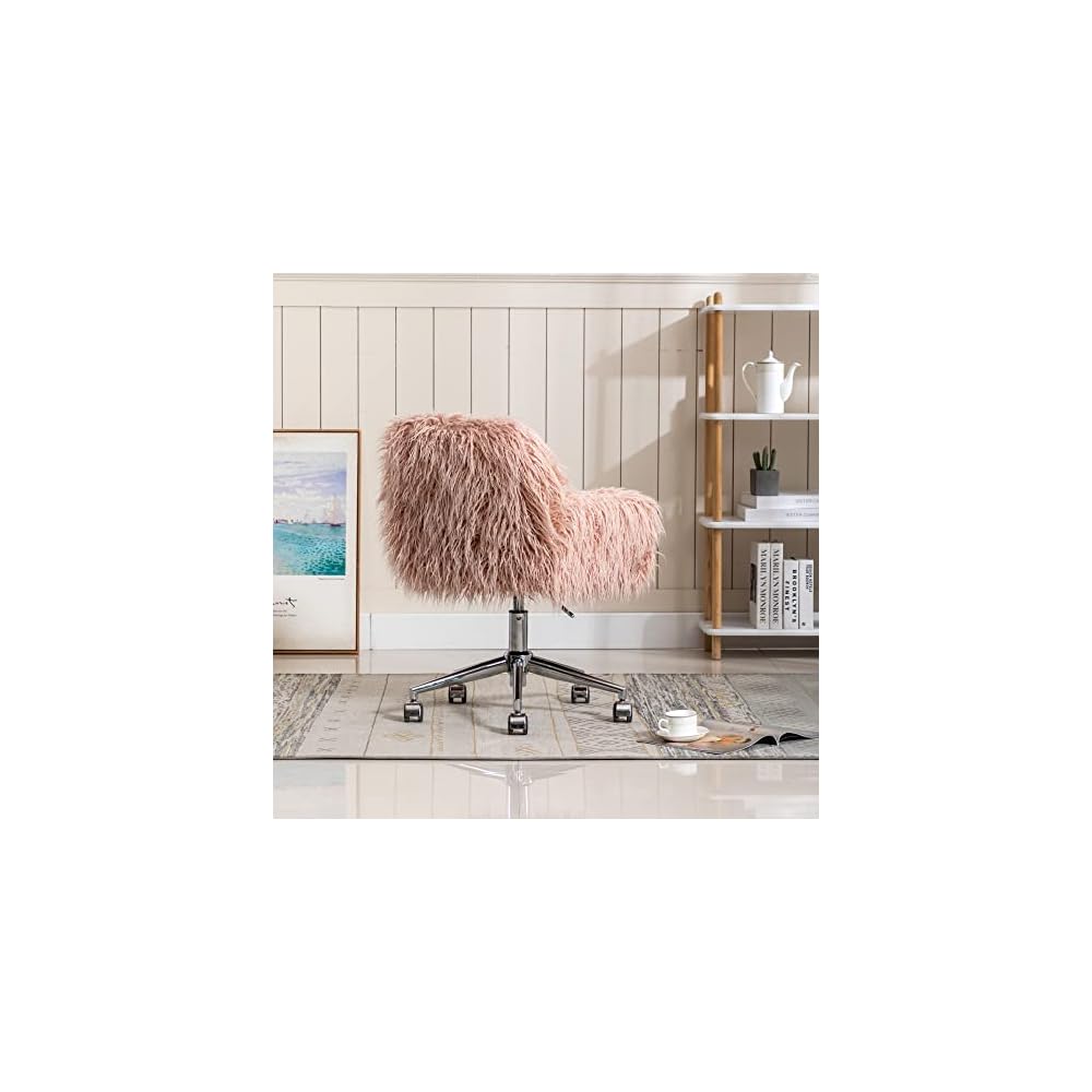 Makeup Vanity Chair Home Office Chair Fluffy Chair with Silver Chrome Castors Modern Faux Fur Arm Chair Accent Chair for Living Room Bedroom Makeup Dressing Vanity Pink