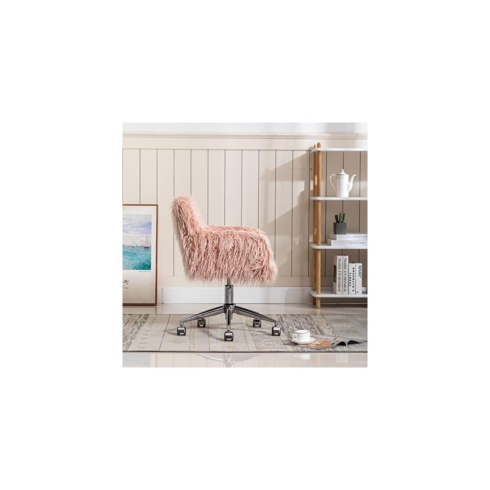 Makeup Vanity Chair Home Office Chair Fluffy Chair with Silver Chrome Castors Modern Faux Fur Arm Chair Accent Chair for Living Room Bedroom Makeup Dressing Vanity Pink
