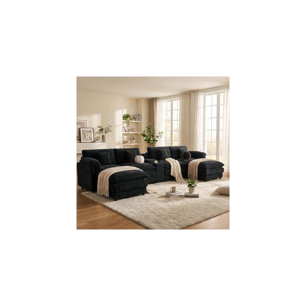 U Shaped Cloud Couch Sectionals,151" Large Comfy Black Sectional Couches for Living Room,Oversized Fluffy Modular Sectional Sofas,Chenille Big 6 Seat Sofa Set USB Port Central Console Ottoman