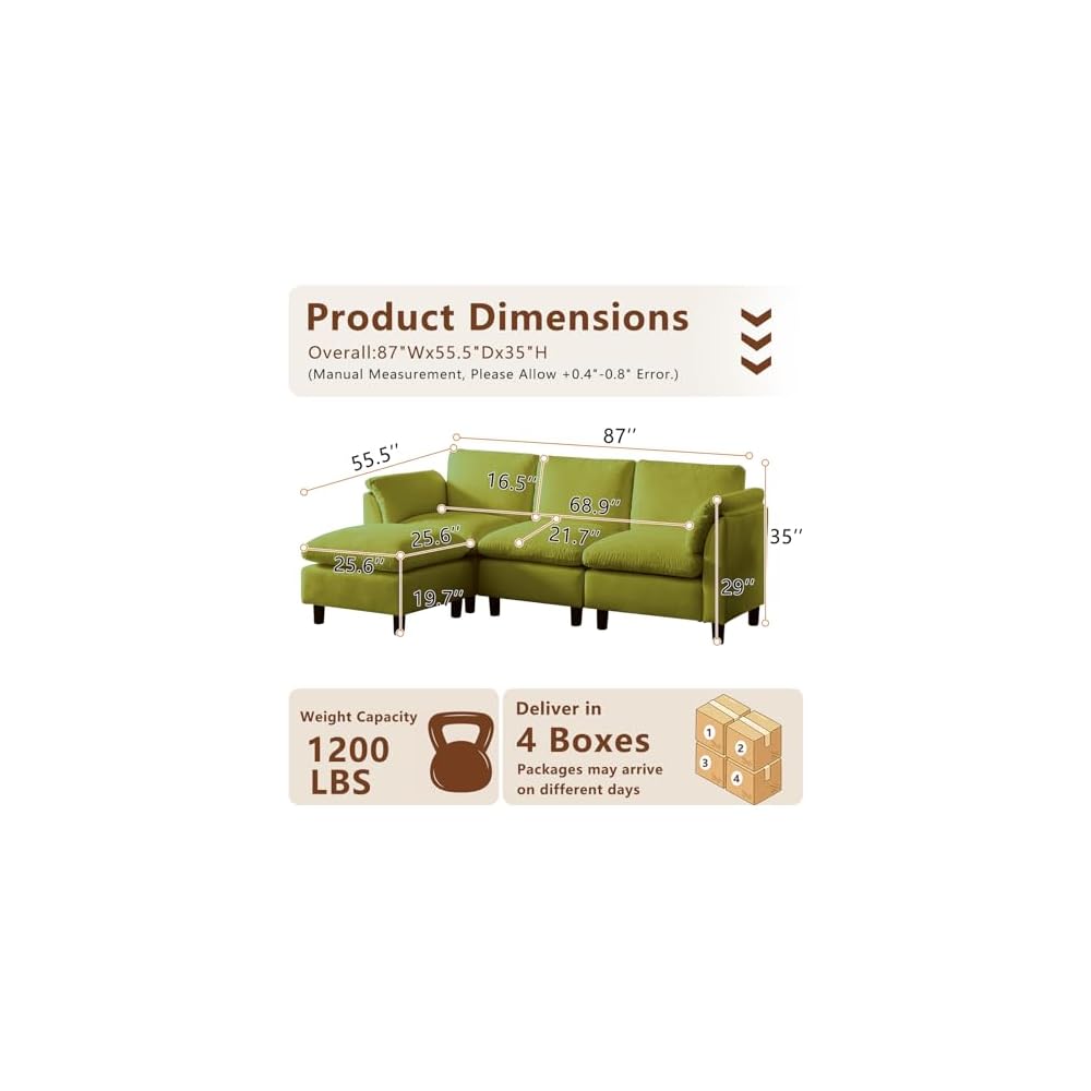 87 Inch Sectional Sofa Couch,L Shaped Couch with Chaise,Chenille Modular Sectional Sofa for Living Room.（Green）