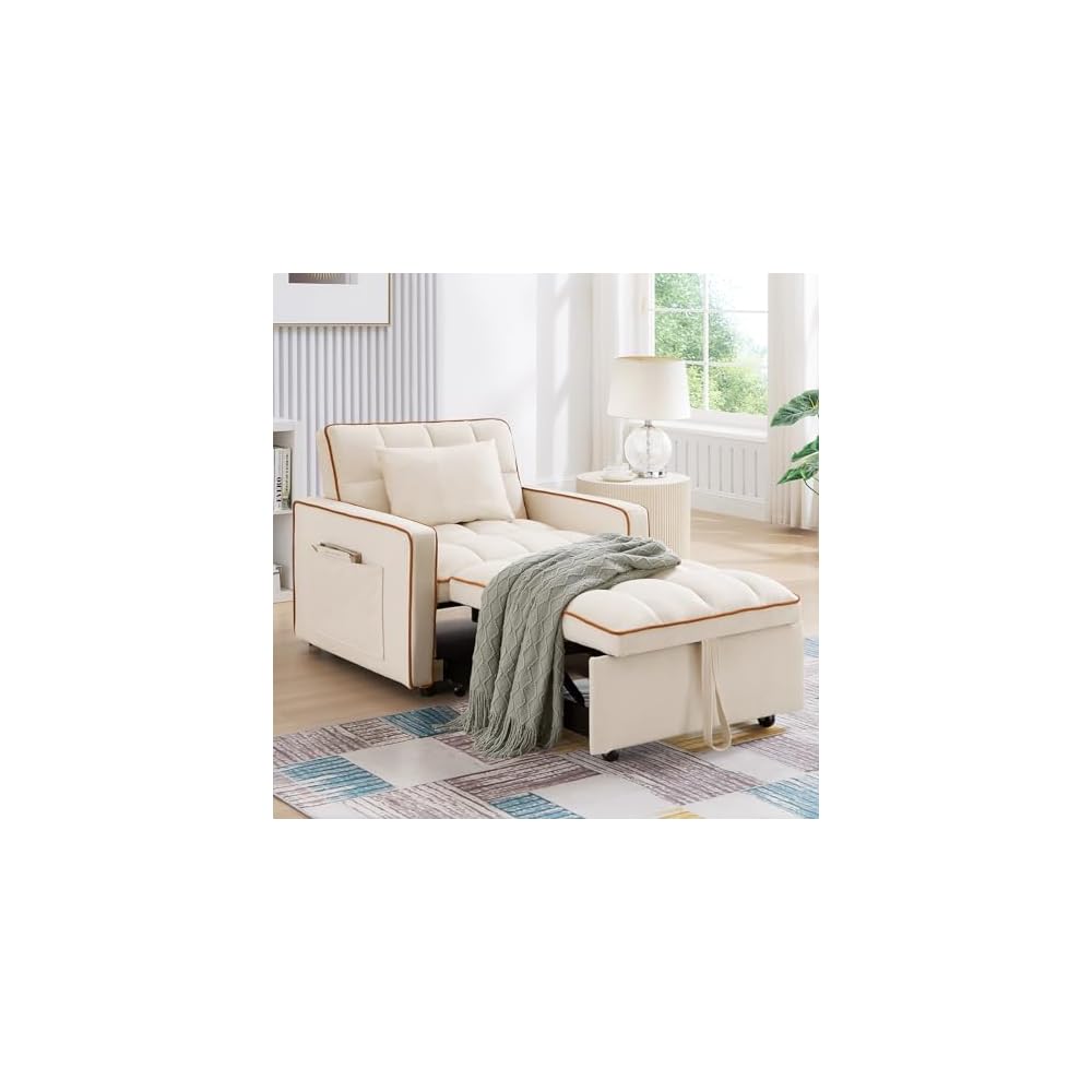 Convertible Sleeper Chair Bed, 3 in 1 Modern Velvet Pull Out Sofa Bed, Small Tufted Single Sleeper Chair with Adjustable Backrest/Pillow for Living Room, Small Spaces, Apartment, Office, Beige