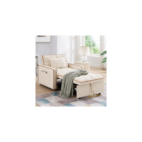 Convertible Sleeper Chair Bed, 3 in 1 Modern Velvet Pull Out Sofa Bed, Small Tufted Single Sleeper Chair with Adjustable Backrest/Pillow for Living Room, Small Spaces, Apartment, Office, Beige