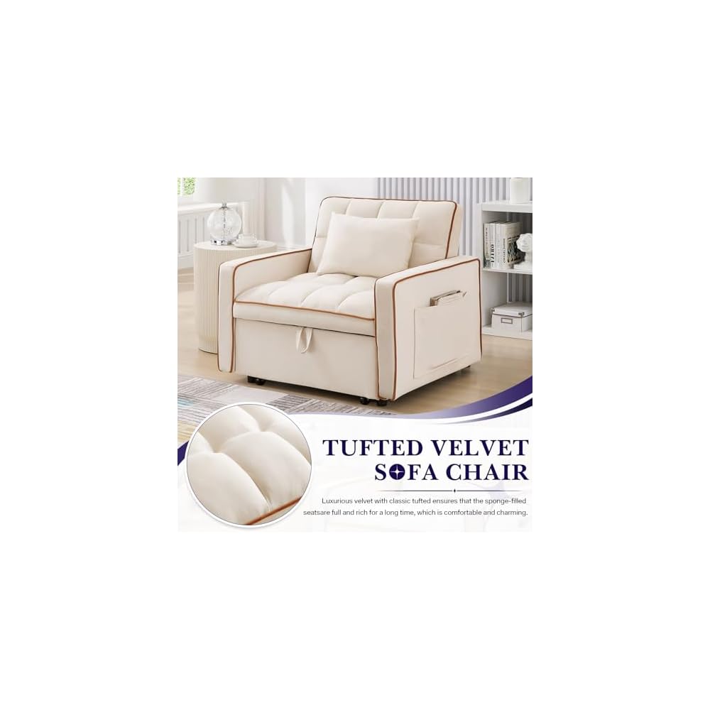 Convertible Sleeper Chair Bed, 3 in 1 Modern Velvet Pull Out Sofa Bed, Small Tufted Single Sleeper Chair with Adjustable Backrest/Pillow for Living Room, Small Spaces, Apartment, Office, Beige