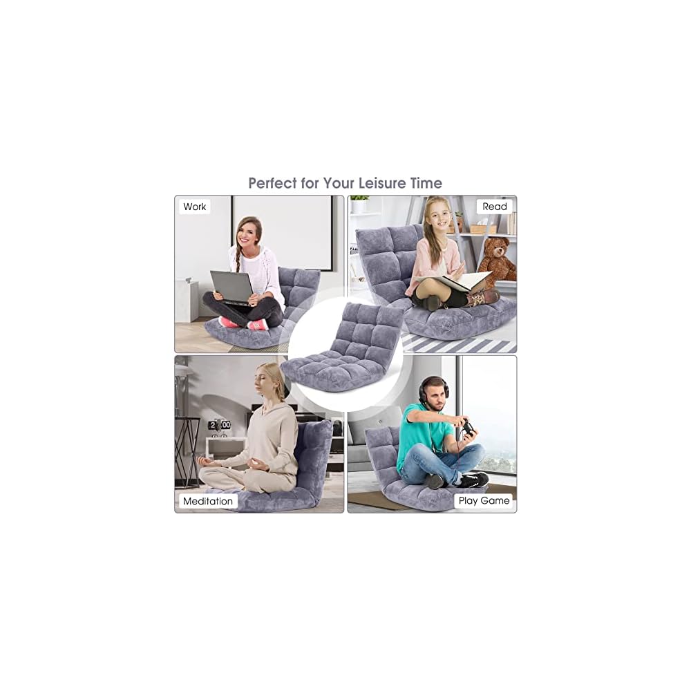 GIANTEX Folding Floor Chair with Back Support, 14 Adjustable Position, Padded Sleeper Bed, Couch Recliner, Gaming Floor Chairs for Adults, Meditation, Living Room (Grey)
