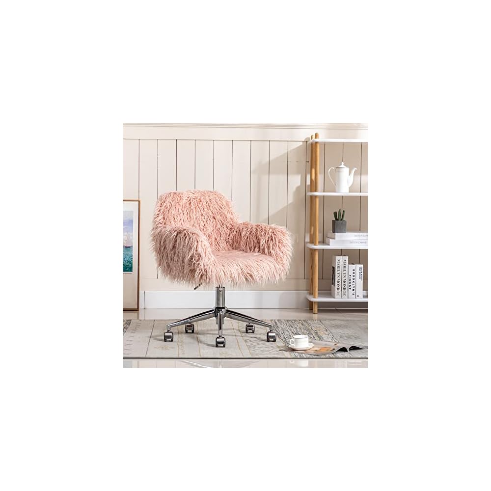 Makeup Vanity Chair Home Office Chair Fluffy Chair with Silver Chrome Castors Modern Faux Fur Arm Chair Accent Chair for Living Room Bedroom Makeup Dressing Vanity Pink