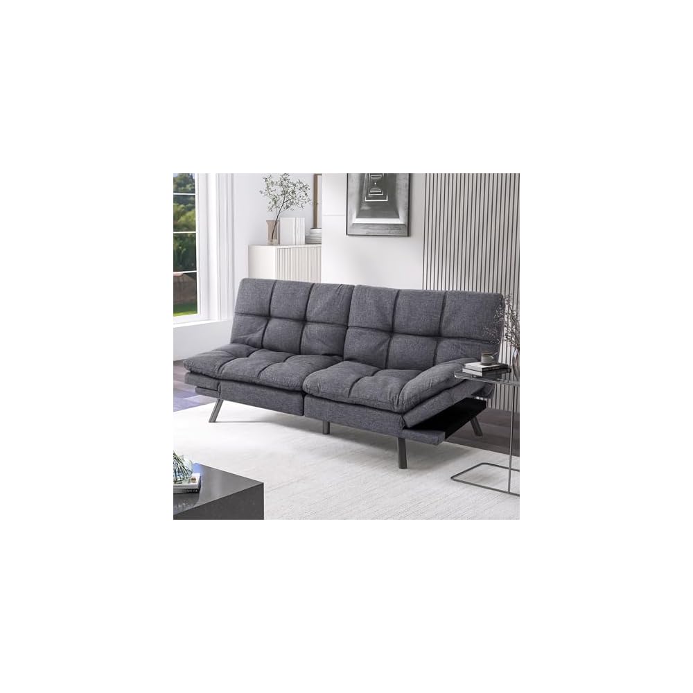 Hcore Convertible Futon Sofa Bed,Gray Fabric Memory Foam Loveseat,Small Euro Lounger Sofa for Compact Living Spaces,Apartment,Dorm,Studio,Guest Room,Home Office/Cushion,Grey Fabric