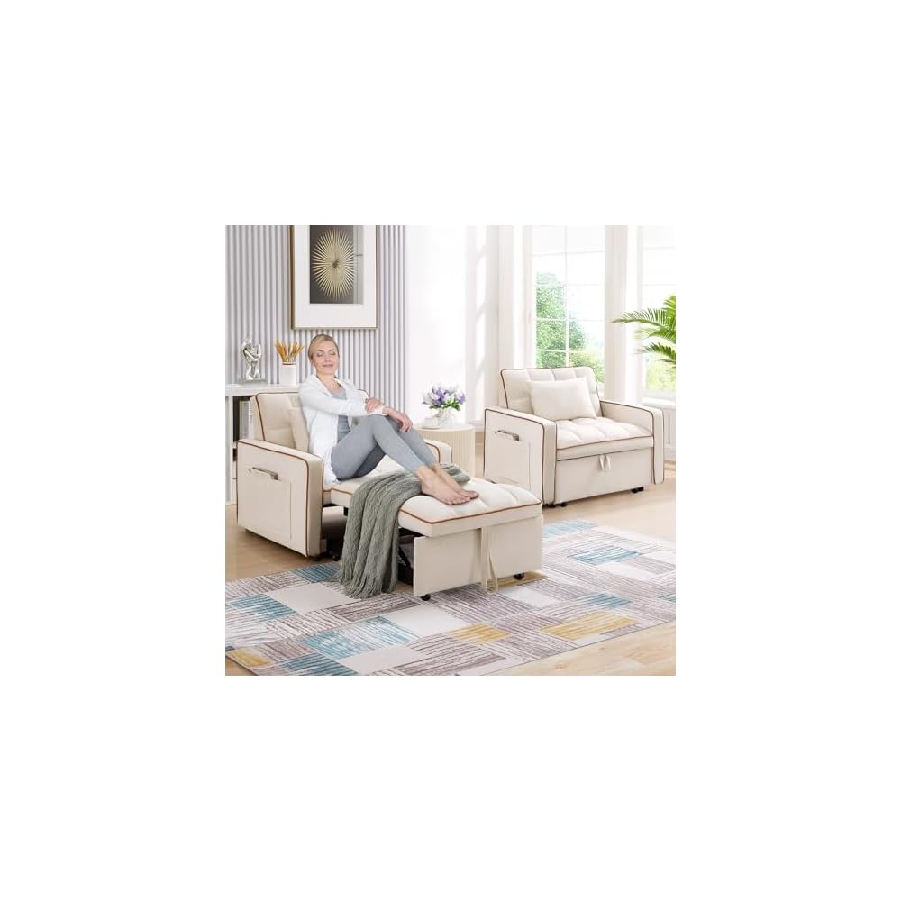 Convertible Sleeper Chair Bed, 3 in 1 Modern Velvet Pull Out Sofa Bed, Small Tufted Single Sleeper Chair with Adjustable Backrest/Pillow for Living Room, Small Spaces, Apartment, Office, Beige