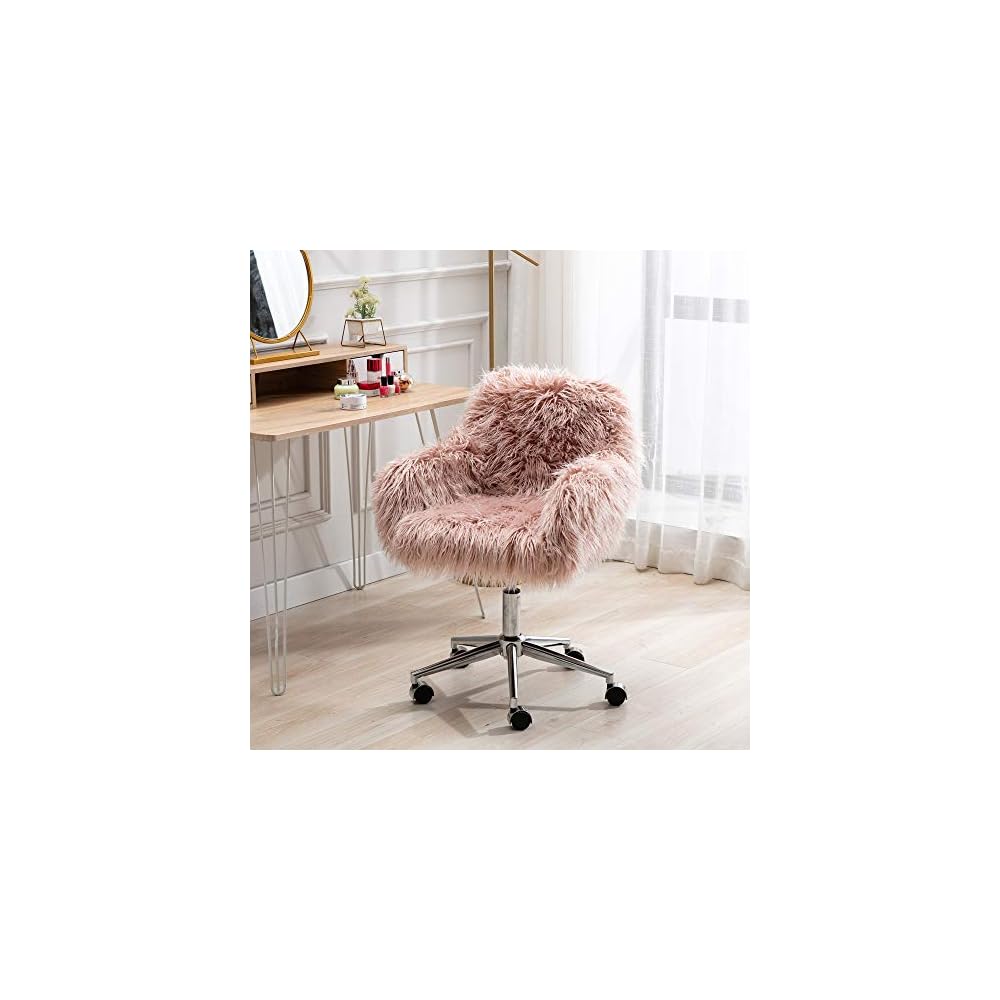 Makeup Vanity Chair Home Office Chair Fluffy Chair with Silver Chrome Castors Modern Faux Fur Arm Chair Accent Chair for Living Room Bedroom Makeup Dressing Vanity Pink