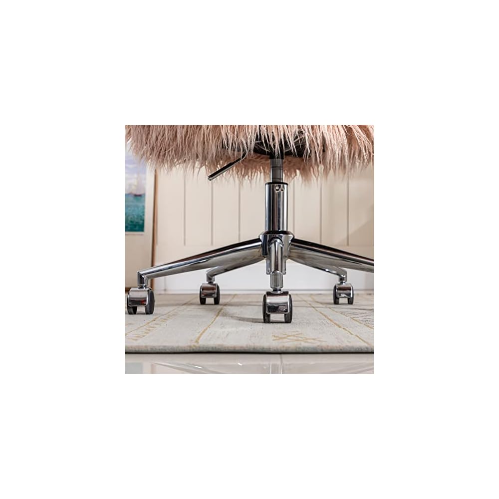 Makeup Vanity Chair Home Office Chair Fluffy Chair with Silver Chrome Castors Modern Faux Fur Arm Chair Accent Chair for Living Room Bedroom Makeup Dressing Vanity Pink