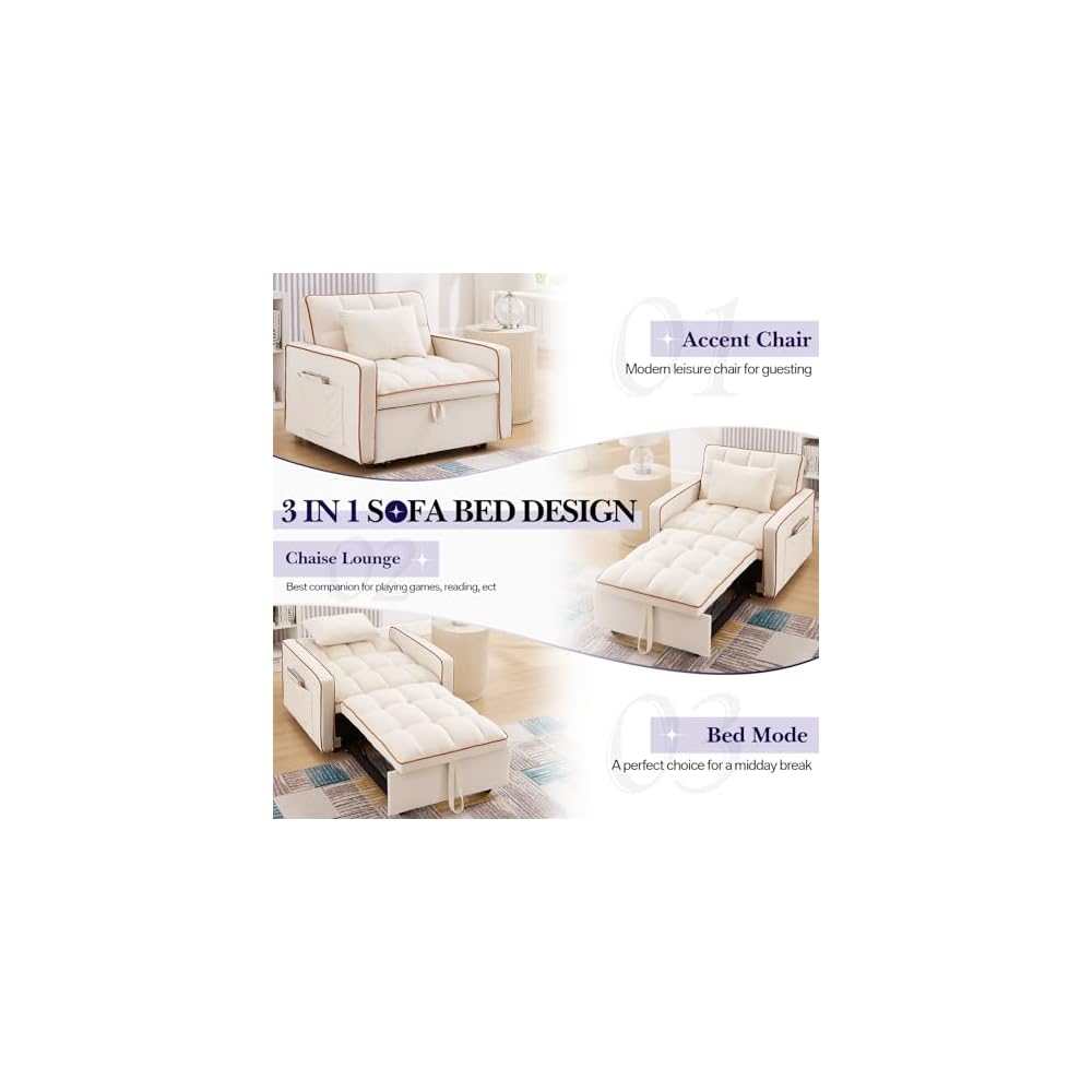 Convertible Sleeper Chair Bed, 3 in 1 Modern Velvet Pull Out Sofa Bed, Small Tufted Single Sleeper Chair with Adjustable Backrest/Pillow for Living Room, Small Spaces, Apartment, Office, Beige