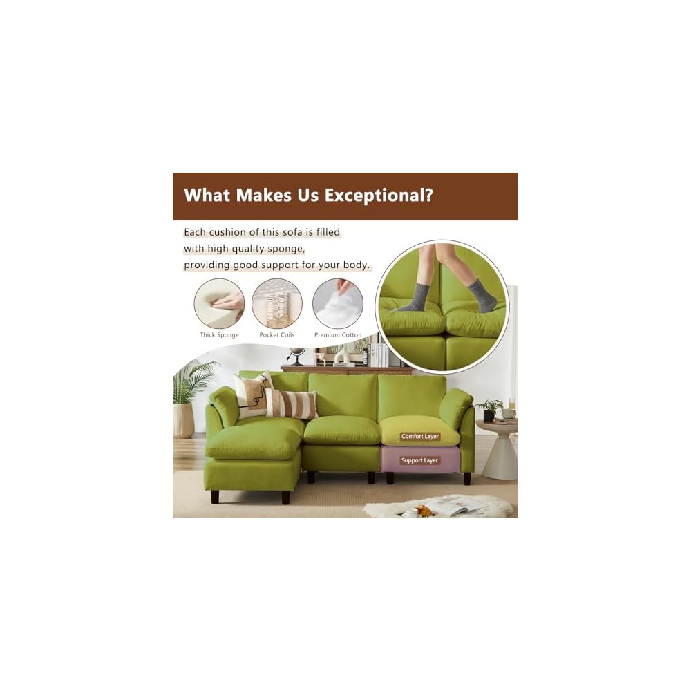 87 Inch Sectional Sofa Couch,L Shaped Couch with Chaise,Chenille Modular Sectional Sofa for Living Room.（Green）