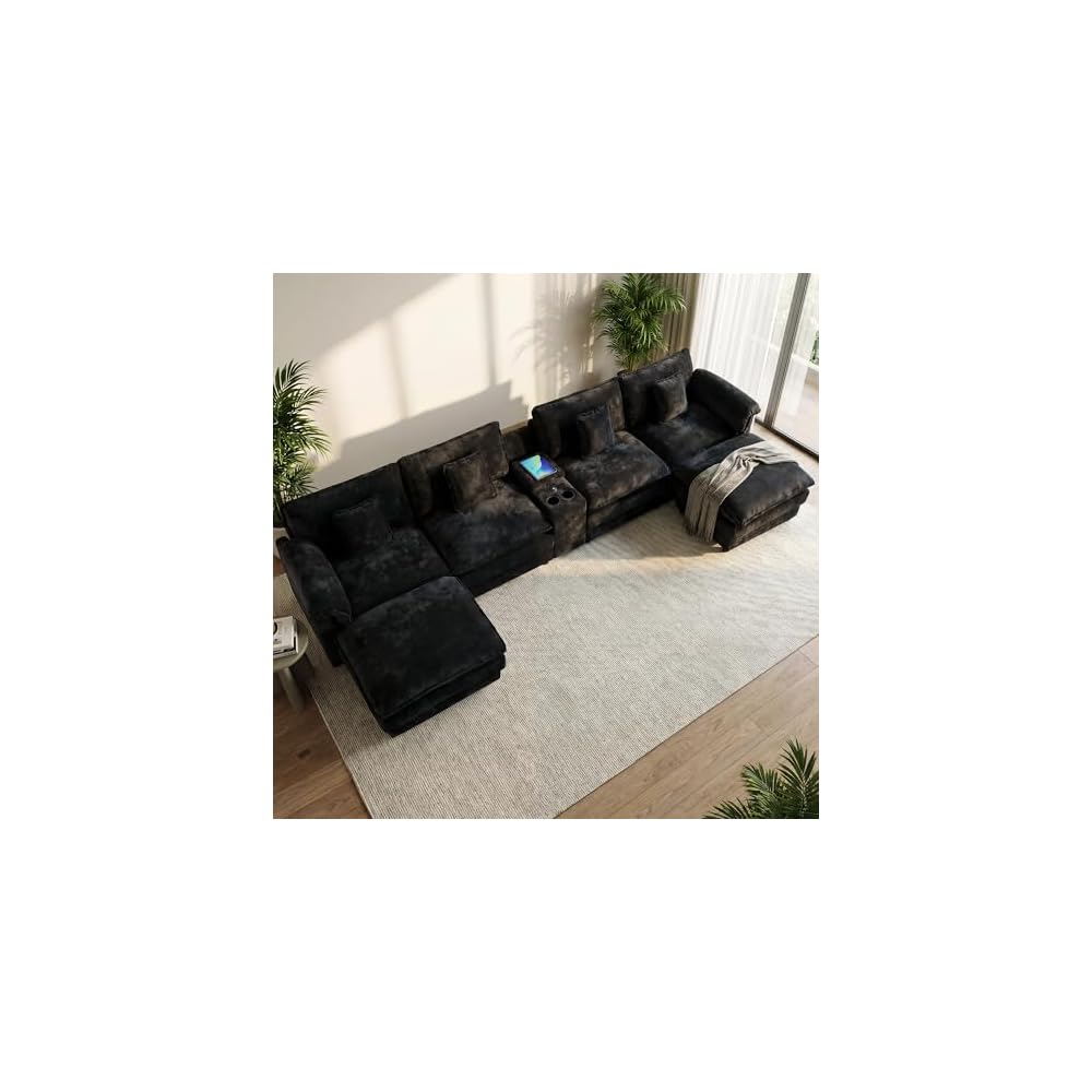 U Shaped Cloud Couch Sectionals,151" Large Comfy Black Sectional Couches for Living Room,Oversized Fluffy Modular Sectional Sofas,Chenille Big 6 Seat Sofa Set USB Port Central Console Ottoman