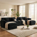 U Shaped Cloud Couch Sectionals,151" Large Comfy Black Sectional Couches for Living Room,Oversized Fluffy Modular Sectional Sofas,Chenille Big 6 Seat Sofa Set USB Port Central Console Ottoman